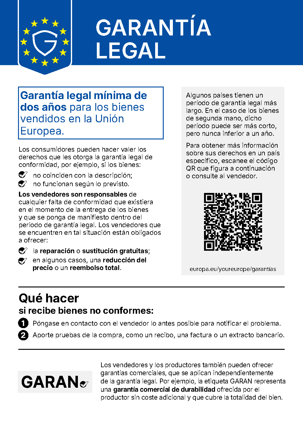 Aviso armonizado de la UE sobre la garantía legal